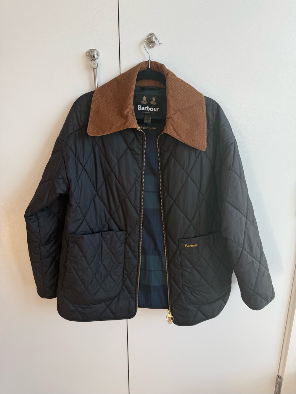 Barbour Black Quilted Jacket with Brown Corduroy Collar